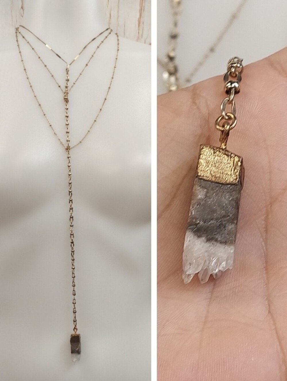 N4184 Minimalist Goldtone Crystal Point Lariat Layered Y Style Necklace